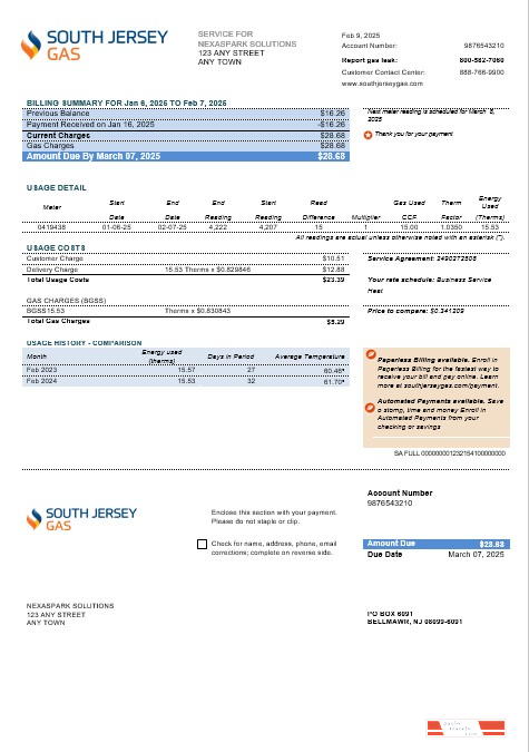 USA New Jersey South Jersey Gas business utility bill template in Word and PDF formats